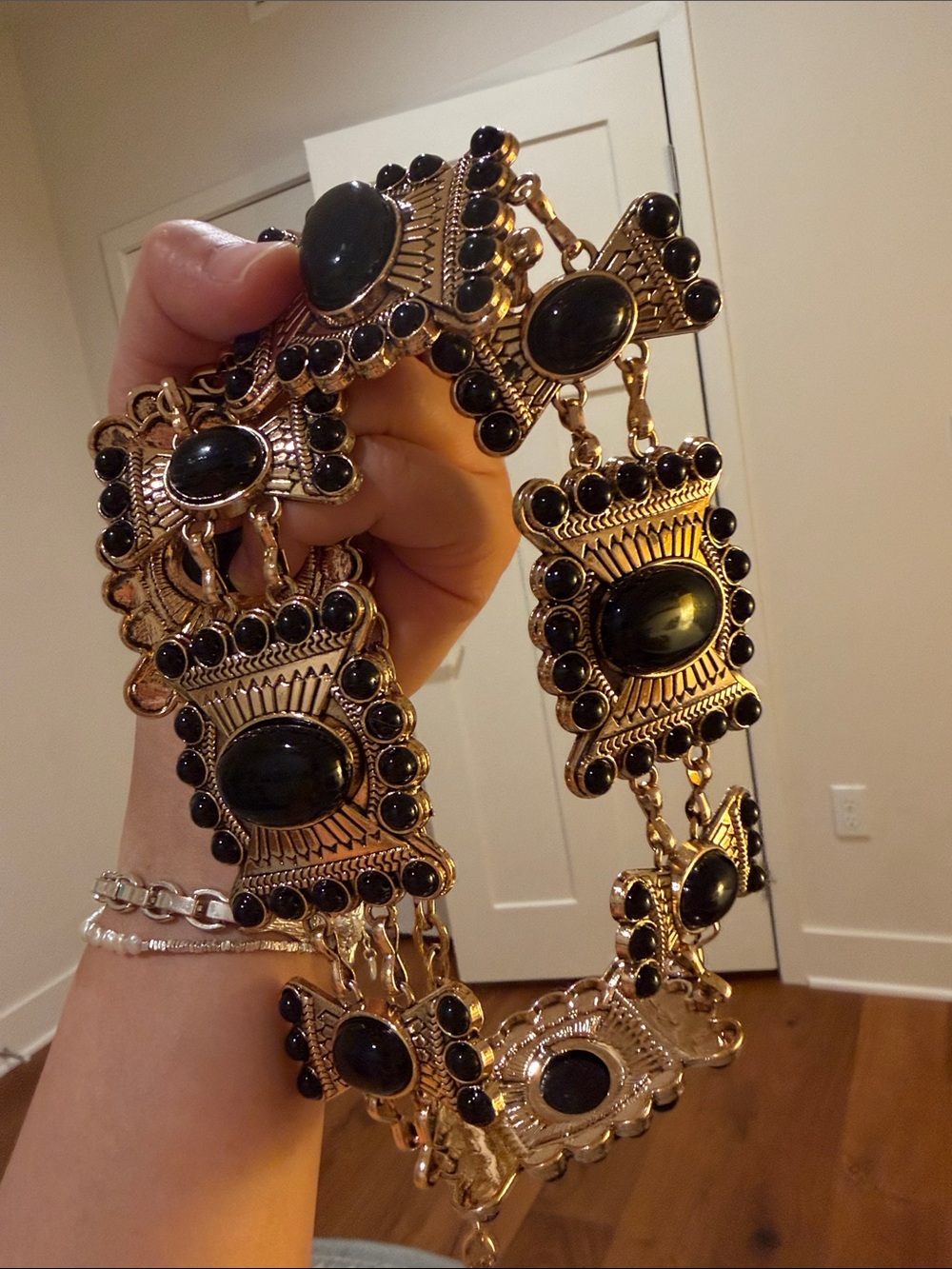 NWOT Gold-Tone Statement Belt with Black Cabochon Accents